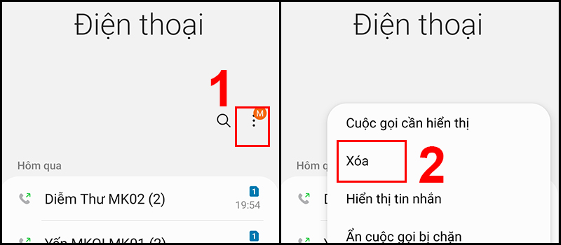 Truy cập Điện thoại sau đ&oacute; chọn X&oacute;a